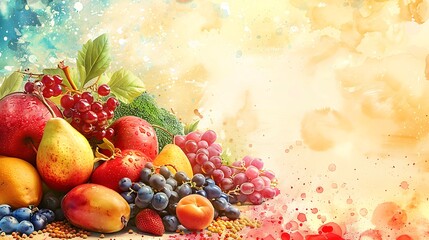 Wall Mural - Design a vibrant illustration for World Food Day, showcasing a variety of fruits, vegetables, and grains in rich, colorful tones. copy space for text, sharp focus and clear light, high clarity no