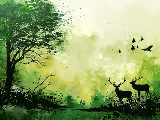 Wall Mural - A serene landscape featuring two deer amidst lush greenery and trees, with birds flying in the background.