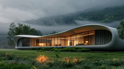 Sticker - A modern architectural building with a flowing, organic roof design, situated in a lush green field, with a backdrop of misty, rolling mountains