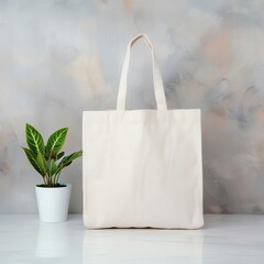 Blank white canvas tote bag with plant in pot, ready for design.