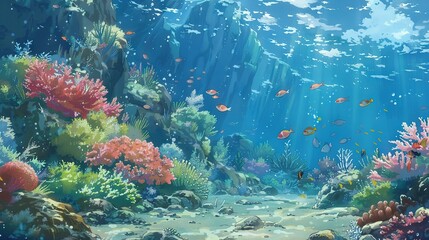 Poster -   An underwater painting featuring vibrant corals, diverse fish, and teeming marine life at the ocean floor