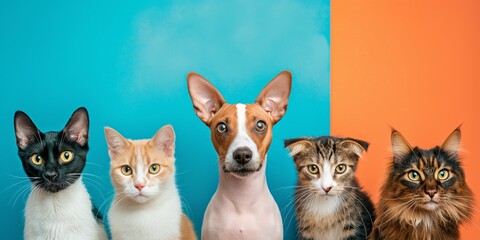 Wall Mural - Various friendly pets, including cats and a dog, sit together in a heartwarming indoor portrait.