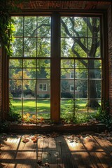 Wall Mural - the windows in an ivy league school classroom, outside the window is a beautiful maicured lawn and large oak trees on a pretty day 
