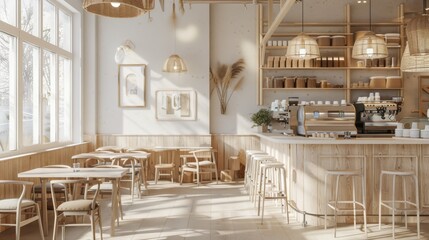 Wall Mural - Scandinavian coffee shop interiors feature minimalist design with clean lines, light hues, natural elements, and ample natural light, ensuring a cozy and welcoming ambiance.
