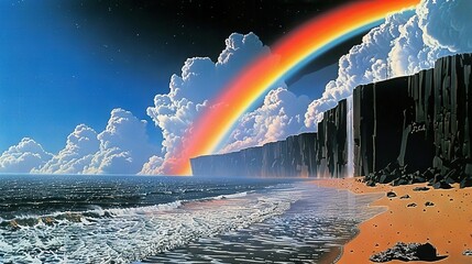 Poster -   A stunning painting of a vibrant rainbow arching over a tranquil seascape, featuring towering waves and a picturesque cliff in the foreground