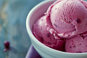 Sticker - Closeup of refreshing berry ice cream in a white bowl on a blue table