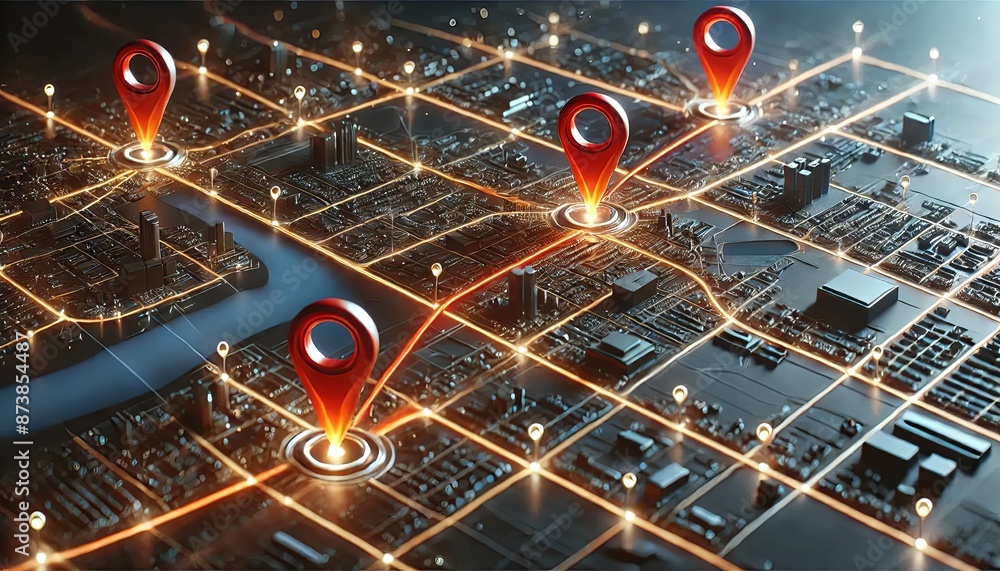 Digital 3D city map with red location pins, glowing grid lines ...