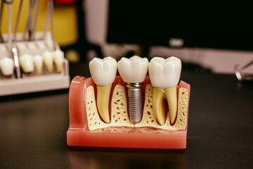 Wall Mural - Educational dental implant model showcasing the structure and installation on a clinic table