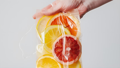 Wall Mural - Human Hand Holding Saline Bag With Fruit Slices Over White Background