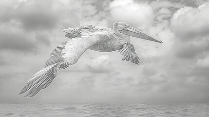 Sticker -   A B&W picture shows a pelican soaring above the blue sea with gray clouds in the background