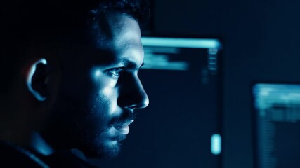 Hacker with digital multi screen for coding and monitoring