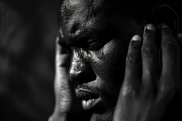 Poster - Black and white image capturing a pensive man with a hand on his head, highlighted by dramatic lighting