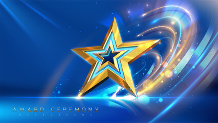 Wall Mural - golden realistic 3d stars on a blue luxury stage backdrop, decorated with glittering light effects. 
