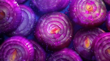 Poster -   A close-up of purple onions with droplets of water on the upper and lower surfaces