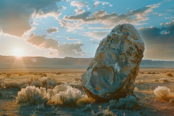 Canvas Print - Warm sunset over a desert landscape, highlighting a standalone rock amidst shrubbery