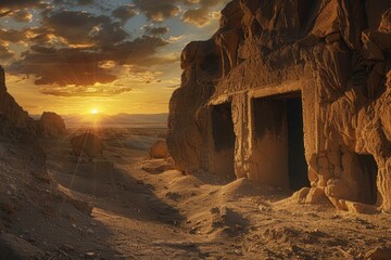 Sticker - Golden hour sunlight illuminating ancient sandstone ruins in the remote and tranquil desert landscape. Showcasing the weathered architectural remains of a historic and abandoned archeological site