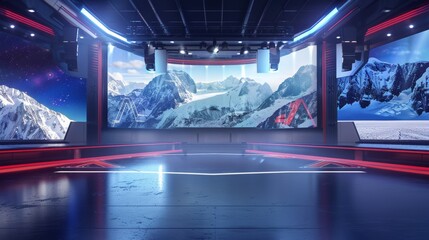 Wall Mural - generate a hyperrealistic modern highly stylized and minimalist background for a winter sports tv show setting with ice fields next to the logos of the tournament teams 