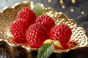 Sticker - Juicy ripe raspberries served on a luxurious gold textured platter, with soft backlight