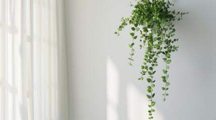 Wall Mural - Small green plant hanging on white wall in dinning room window vertical image of interior design with little plant space for text and design