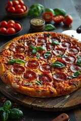 Wall Mural - Classic Pepperoni Pizza: A classic pepperoni pizza with perfectly placed slices, a bubbly crust, and slightly crisped edges, served on a wooden board with a pizza cutter next to it. 