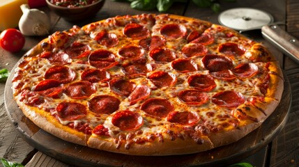 Wall Mural - Classic Pepperoni Pizza: A classic pepperoni pizza with perfectly placed slices, a bubbly crust, and slightly crisped edges, served on a wooden board with a pizza cutter next to it. 