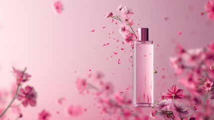 Sticker - Cosmetic bottle dropped on pink background with magenta flower buds Beauty background with flowers floating