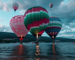 Classic 4th of July hot air balloon festival, vibrant colors, and scenic backgrounds