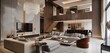 © sahab zada - A modern luxury living room with an open-concept layout, featuring a statement chandelier, sleek furniture, and a high-end entertainment system,
