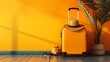 © tanapat - Create a promotional image for a holiday getaway, featuring a suitcase with travel accessories against a bright background