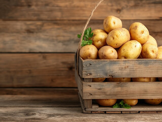 Wall Mural - potatoes in a wooden basket on wooden background