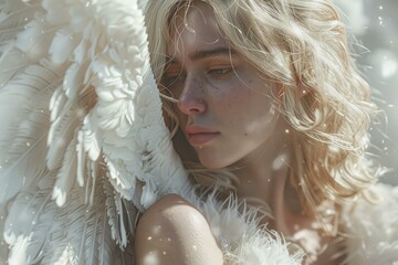 Poster - Closeup of a gentle female face with freckles, embraced by soft white feathers