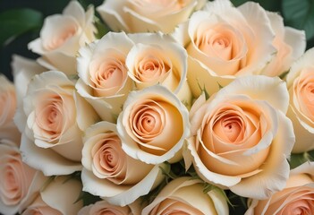 Wall Mural - A close-up view of a bouquet of beautiful white and peach roses with soft, delicate petals arranged in a lush, floral pattern, blue, pink, purple, white roses