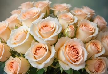 Wall Mural - A close-up view of a bouquet of beautiful white and peach roses with soft, delicate petals arranged in a lush, floral pattern, blue, pink, purple, white roses