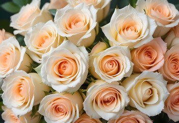 Wall Mural - A close-up view of a bouquet of beautiful white and peach roses with soft, delicate petals arranged in a lush, floral pattern, blue, pink, purple, white roses