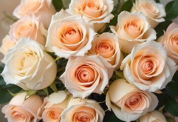 Wall Mural - A close-up view of a bouquet of beautiful white and peach roses with soft, delicate petals arranged in a lush, floral pattern, blue, pink, purple, white roses