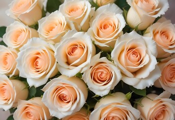 Wall Mural - A close-up view of a bouquet of beautiful white and peach roses with soft, delicate petals arranged in a lush, floral pattern, blue, pink, purple, white roses