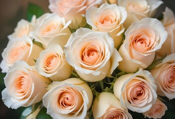 Wall Mural - A close-up view of a bouquet of beautiful white and peach roses with soft, delicate petals arranged in a lush, floral pattern, blue, pink, purple, white roses