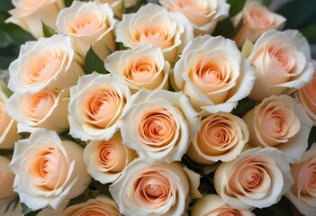 Wall Mural - A close-up view of a bouquet of beautiful white and peach roses with soft, delicate petals arranged in a lush, floral pattern, blue, pink, purple, white roses