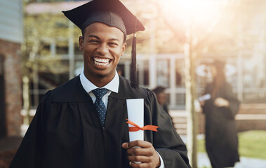 Happy man, portrait and graduation with certificate for qualification, diploma or degree at university. Excited male person, student or graduate with smile for milestone, achievement or scholarship