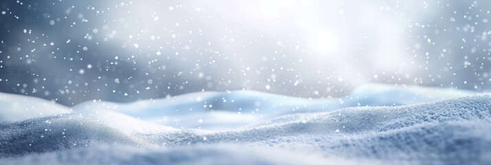 Panorama of a snowy plain, a fluffy snowdrift on a cold Christmas or New Year's Day. Falling snowflakes, winter light and shadow. The feeling of an upcoming holiday. Close-up. Copy space. Banner, card