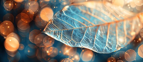 Wall Mural - Close-up view of delicate skeletal leaves illuminated with soft, warm light blurring in the background.