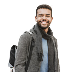 Wall Mural - Handsome joyful man portrait isolated in transparent PNG, Smiling student men wearing warm clothes isolated transparency