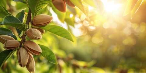 Almond tree branches with nuts in husks glowing under warm sunlight. Agriculture, farming, organic produce, tree nuts, healthy eating concepts.