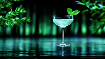 Elegant martini glass with mint leaf garnish on reflective surface, surrounded by lush greenery and soft, ambient lighting.