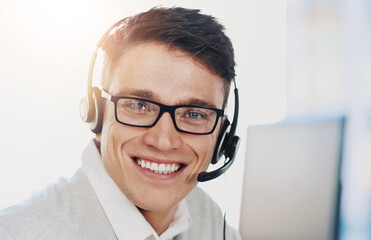 Poster - Call center, portrait and smile of man in telemarketing office for lead generation or sales. Consulting, contact and headset with face of happy employee in workplace for customer service or support