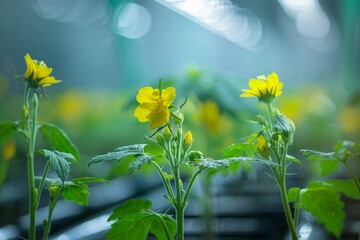 Poster - Vibrant yellow flowers blooming in a serene greenhouse with sunlit bokeh background a dreamy and peaceful floral display in a natural horticulture environment with lush foliage and delicate dew drop