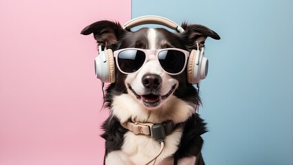 A border collie dog wearing headphone and sunglasses in pastel background, blank space for text massage