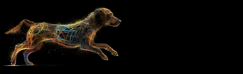 Wall Mural - Neon abstract graphic contours of a dog, pet. Technology concept, dark background. AI generated.