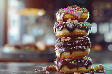 Colorful glazed sweet donuts stack with various toppings and sprinkles and chocolate with nuts on cafe table background.Macro.AI Generative.