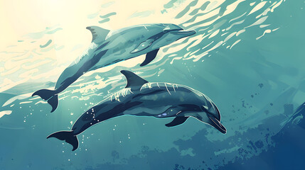 Poster - simple but realistic colorful illustration of two dolphins swimming underwater